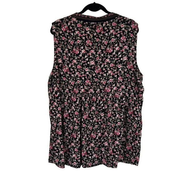 Rose Floral Pattern Tunic Sleeveless Colorblock Hot Pink Green Black White Flowy - Picture 2 of 4